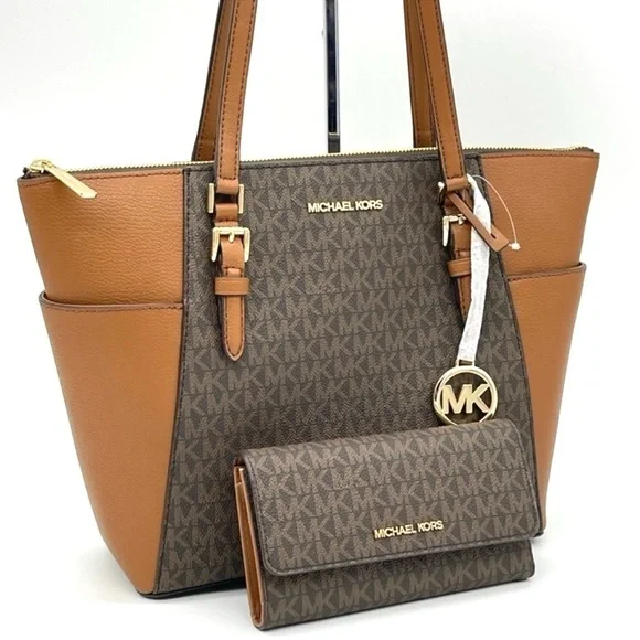 Michael Kors Large Charlotte Tote Bag & Large Trifold Wallet Brown (NWT)